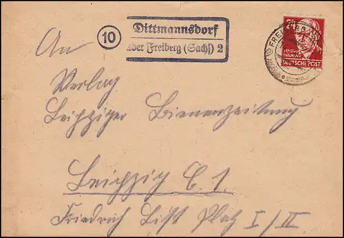 Landpost 10 Dittmannsdorf sur FREIBERG/Saxe 14.1.1949 Lettre à Leipzig