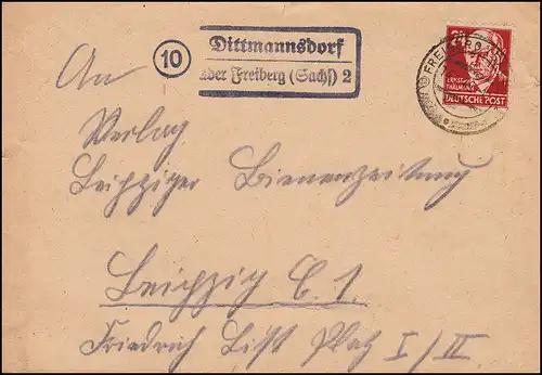 Landpost 10 Dittmannsdorf über FREIBERG/ Sachsen 14.1.1949  Brief nach Leipzig