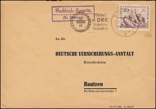 Landpost-Stempel HOCHKIRCH - KUPPRITZ, Bautzen 21.10.66 Brief SSt Mitarbeit DRK