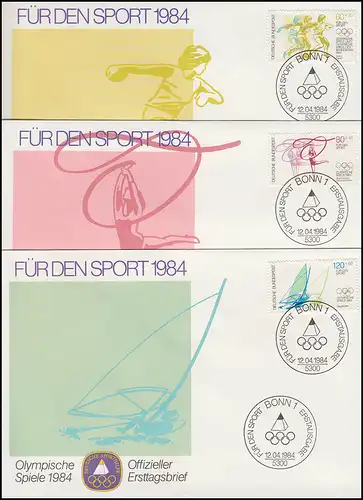 1206-1208 Jeux olympiques d'été 1984: FDC ESSst de l'aide sportive Bonn 12.4.84