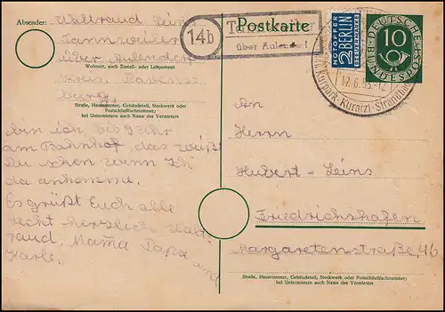 Landpost 14b Tannweiler über AULENDORF 17.6.53 SSt Kneipp Kurort Postkarte  