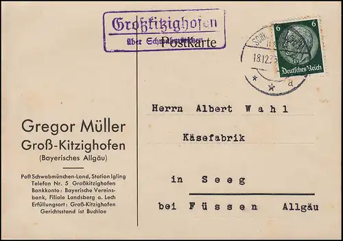 Landpost Großkitzighofen über SCHWABMÜNCHEN 18.12.35 auf Postkarte nach Seeg