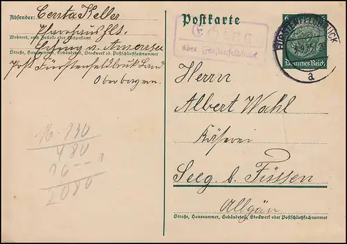 Landpost Eching sur FÜSTENFELDBRUCK 3.9.1935 sur carte postale par Seeg b. Pieds
