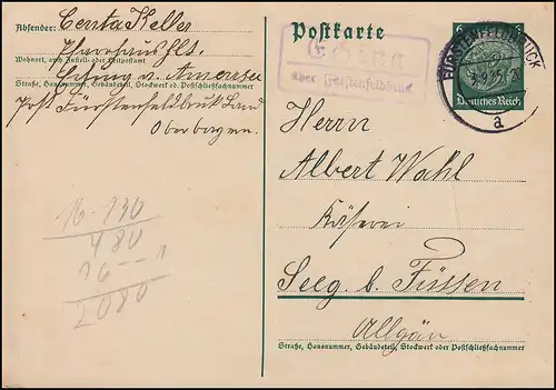 Landpost Eching über FÜRSTENFELDBRUCK 3.9.1935 auf Postkarte nach Seeg b. Füssen