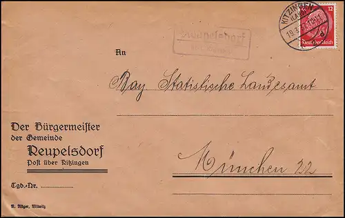 Landpost Reupelsdorf über KITZINGEN 19.3.1937 auf Brief Statistisches Landesamt