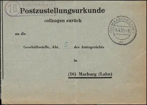 Landpost 16 Scherftshausen sur MARBUG 14.4.59 Certificat de livraison des postes Tribunal AG