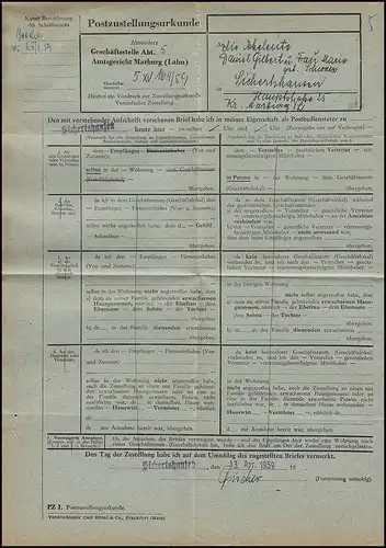 Landpost 16 Scherftshausen sur MARBUG 14.4.59 Certificat de livraison des postes Tribunal AG