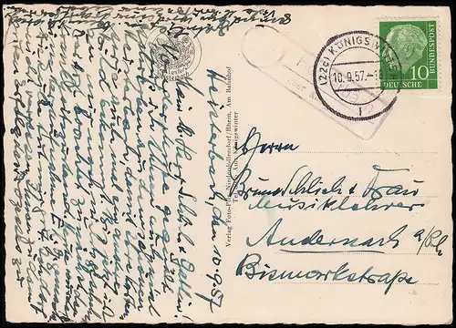 Landpost 22 Heisterbach über KÖNIGSWINTER 10.9.57 AK "Der Mönch von Heisterbach"