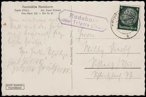 Le courrier de Rodaborn sur TRIPTIS (Thüringen) 12.8.39 sur le site de repos d'AK Rodaborn