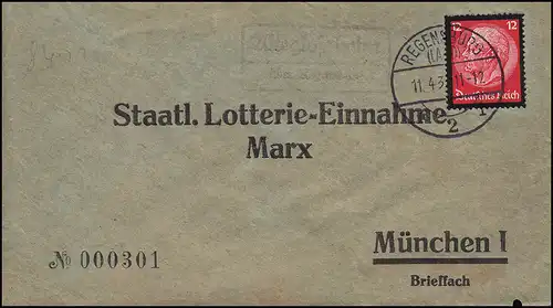 Landpost Alteglofsheim über REGENSBURG 11.4.1933, Brief Staatl. Lotterie Marx
