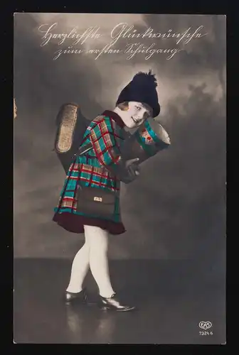 AK EAS 7324/6 Mädchen Karo Mantel lächelnd Schultüte Schulgang, Zschochau 8.4.29