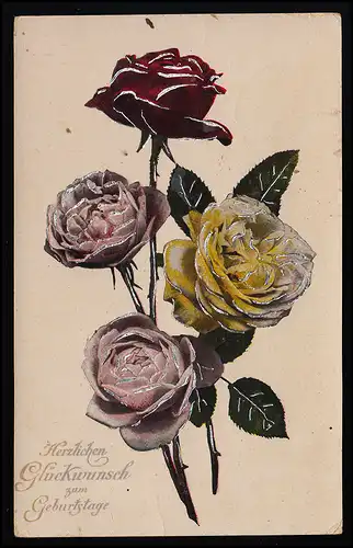 AK 4357.1 Geburtstag Glückwunsch Rosen, Glitzer, Pielburg/ Piława 1.9.1920