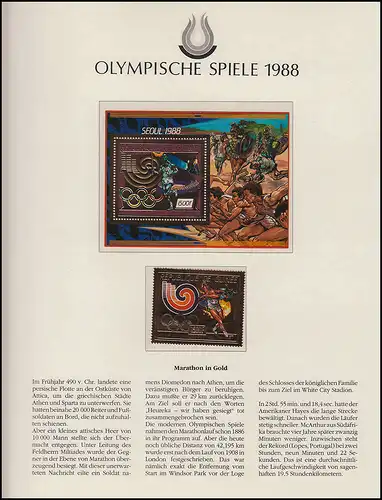 Jeux olympiques 1988 Séoul - Guinée, Bloc + Marque, Gold Metallic, Marathon **