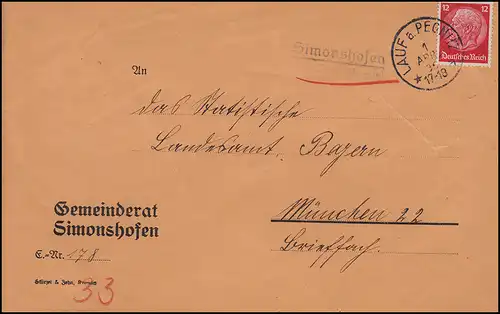 Landpost Simonshofen über LAUF a.d. PEGNITZ 1.4.1936 auf Brief nach München