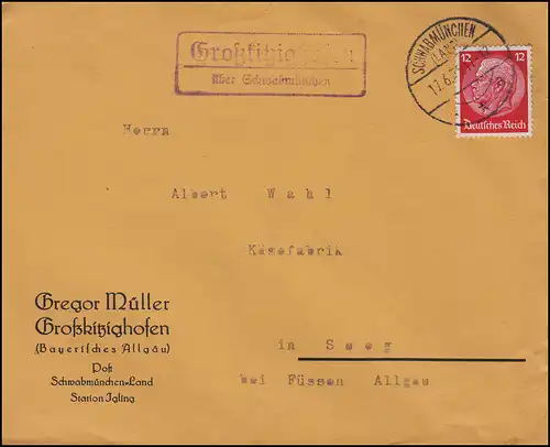 Landpost Groskitzighofen sur SCHWABMUNKEN 17.6.1935 sur lettre à Seeg Allgäu