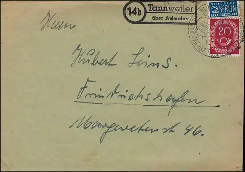 Landpost 14b Tannweiler sur AULENDORF 12.12.1952 sur lettre à Friedrichshafen