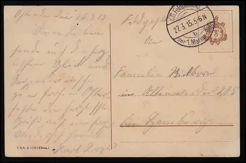 AK T.S.N. S. 1119, Bonne Feté, Plumes roses, Poste de champ 1. Marine Div. 27.3.15