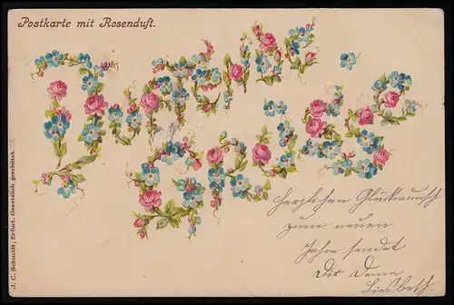 AK DUFTENDENDE GRÜSSE, J.C. Schmidt Erfurt, "Carte postale avec parfum rose" 31.02.1902