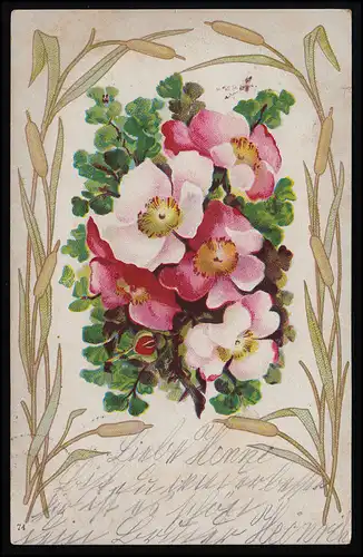 AK Fleurs roses entourées d'herbes de piston tubulaires, HANNOVER/ BURGDORF 24.7.1902