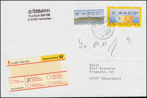 2.2.3 ATM 300 mit 3.2. ATM 400 Pf als MiF auf R-Briefvorderseite MÜNCHEN 1999