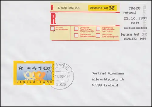 3.2 Posthörner 410 EF auf EPOS-Einwurf-Einschreiben, ET-O Rottweil 22.10.99