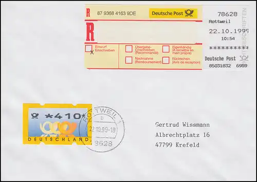 3.2 Posthorner 410 EF sur lettre recommandée d'introduction EPOS, premier jourO Rottweil 22.10.99