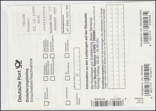 3.2 Posthorner 410 EF sur lettre recommandée d'introduction EPOS, premier jourO Rottweil 22.10.99