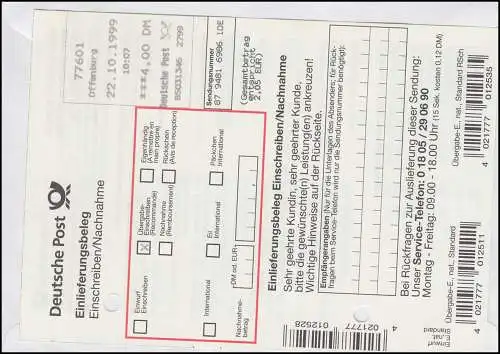 3.2 Posthörner 110 auf EPOS-Übergabe-Einschr. 400 Pf ET-O Offenburg 22.10.99