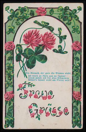 AK No 5045 TREUE GROSSE Trèfle + Roses dans l'arc vert, verset, VEUNE 24.12.1908