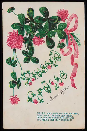 AK TAUSEND GRÜSSE Glücksklee Blüten Schleife, Vers, Gedicht, LANDAU 24.4.1908