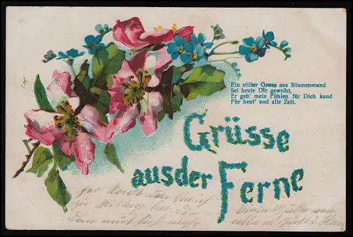 AK Salutations lointaines, fleurs roses, N'oubliez pas, verset, Havixbeck vers 1900