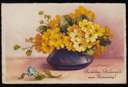AK Gelbe Blumen in schimmernder Vase, Glückwunsch Namenstag, AUGSBURG 9.7.1941