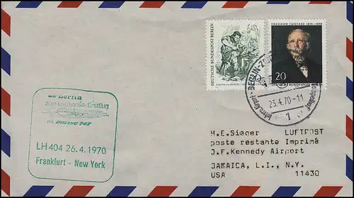 à partir de Berlin pour le vol LH 404: Francfort - New York 26.4.1970, lettre SSt BERLIN