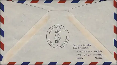 à partir de Berlin pour le vol LH 404: Francfort - New York 26.4.1970, lettre SSt BERLIN