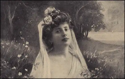 Bahnpost "PR. STARGARD - ... 4.10.1907" auf AK Frau mit Schleier nach INSE 6.10.