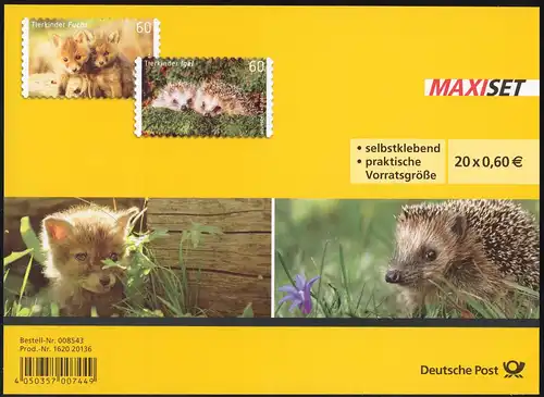 FB 36 Tierkinder: Fuchs und Igel, Folienblatt mit 10x 3053-3054, ** postfrisch