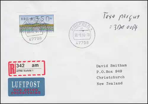 2.1.1 ATM 350 Manuscrit Taxe percue 3 FF 30 Pf Lettre KREFELD 30.9.96