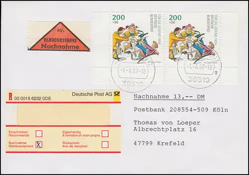 Nachnahme-FDC 1.4.1997 für den neuen Einlieferungsbeleg, HANNOVER 