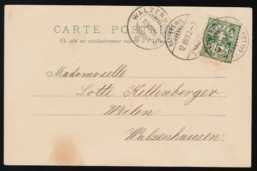 AK zarte Glasvase mit Stiefmütterchen, RAPPERSWIL/ WALZENHAUSEN 12./ 13. 7.1900