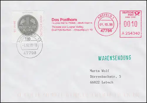 Ersttag 1.10.99 für Euro-Frankatur mit AFS Warensendung 10 Cent FDC 1.10.99