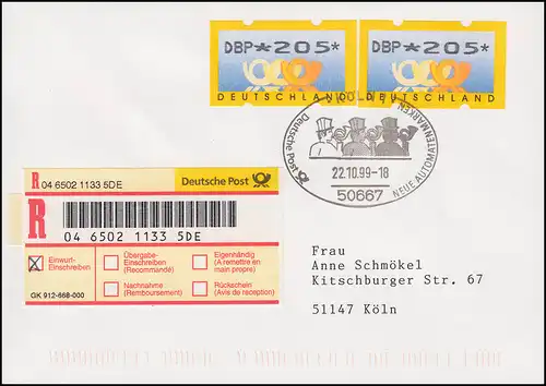 3.1 Les cornes postales à deux reprises 205 comme MeF sur R-FDC ESSt correspondant Nouvelle ATM 22.10.99