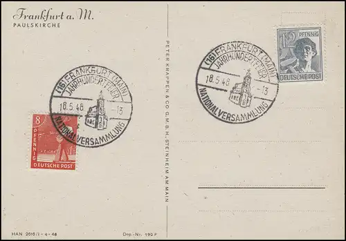 Sonderstempel FRANKFURT/MAIN Jahrhundertfeier Nationalversammlung 18.5.48 auf AK