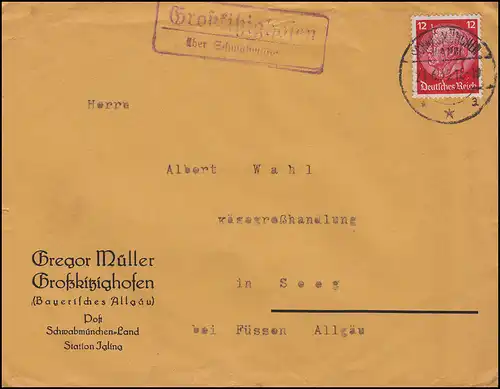 Landpost Großkitzighofen über SCHWABMÜNCHEN 21.6.1935 Brief Seeg /Füssen Allgäu