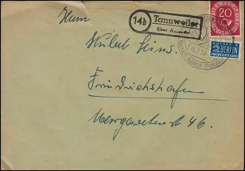 Landpost 14b Tannweiler sur AULENDORF 16.7.1953 Lettre Friedrichshafen Victimes d'urgence