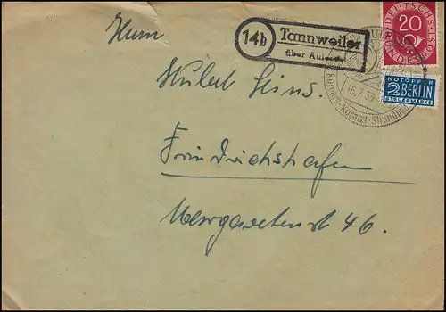 Landpost 14b Tannweiler über AULENDORF 16.7.1953 Brief Friedrichshafen Notopfer