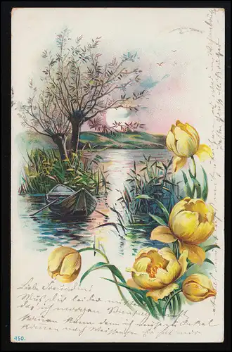 AK 450 Abendstimmung am See, Boot, Weiden, gelbe Blüten, RIXDORF 21.2.1904