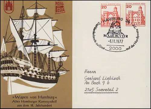 Berlin PP 76/3 NordPOSTA Wapen von Hamburg mit ZF, SSt HAMBURG Ruyter 1977
