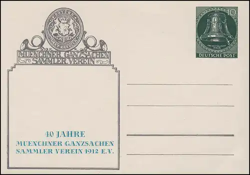 Berlin PP 13 Freiheitsglocke 10 Pf. Münchner Ganzsachen-Verein 1952, ungebraucht