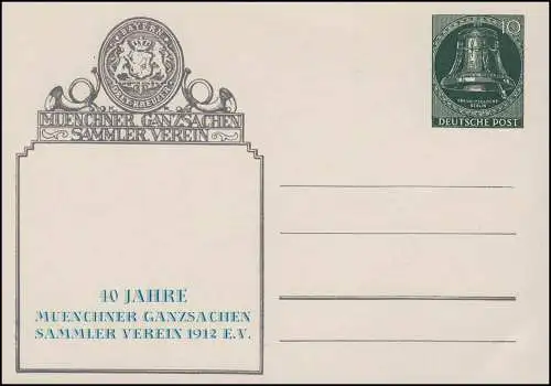 Berlin PP 13 Glücksglocke 10 Pf. Munich Geldfach-Verein 1952, inutilisé