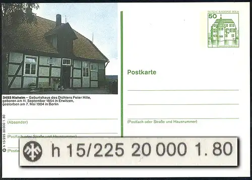 Bildpostkarte P 114 - BuS 50 Pf Nummer h 15/225: Nieheim / Peter Hille, **